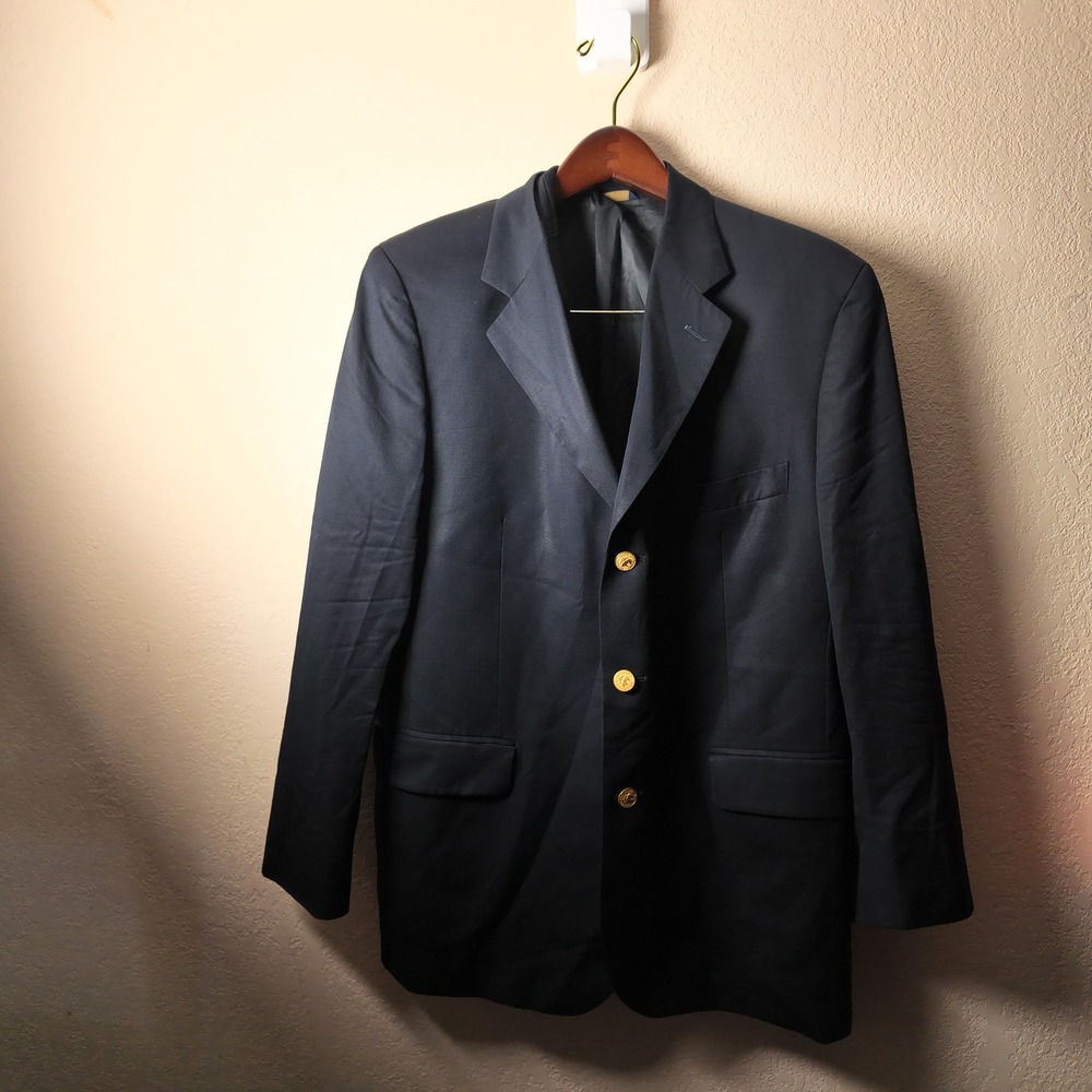 Brooks Brothers 346 Mens Navy Blue 3‎ Button Blazer Gold Crest Buttons 43 Reg